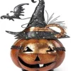 13 Inch Metal Jack O Lantern W/ Witch Hat And Bat