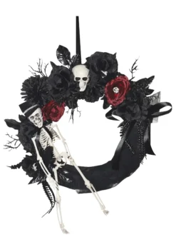 18 Inch Black Wreath With Skeleton And Flowers