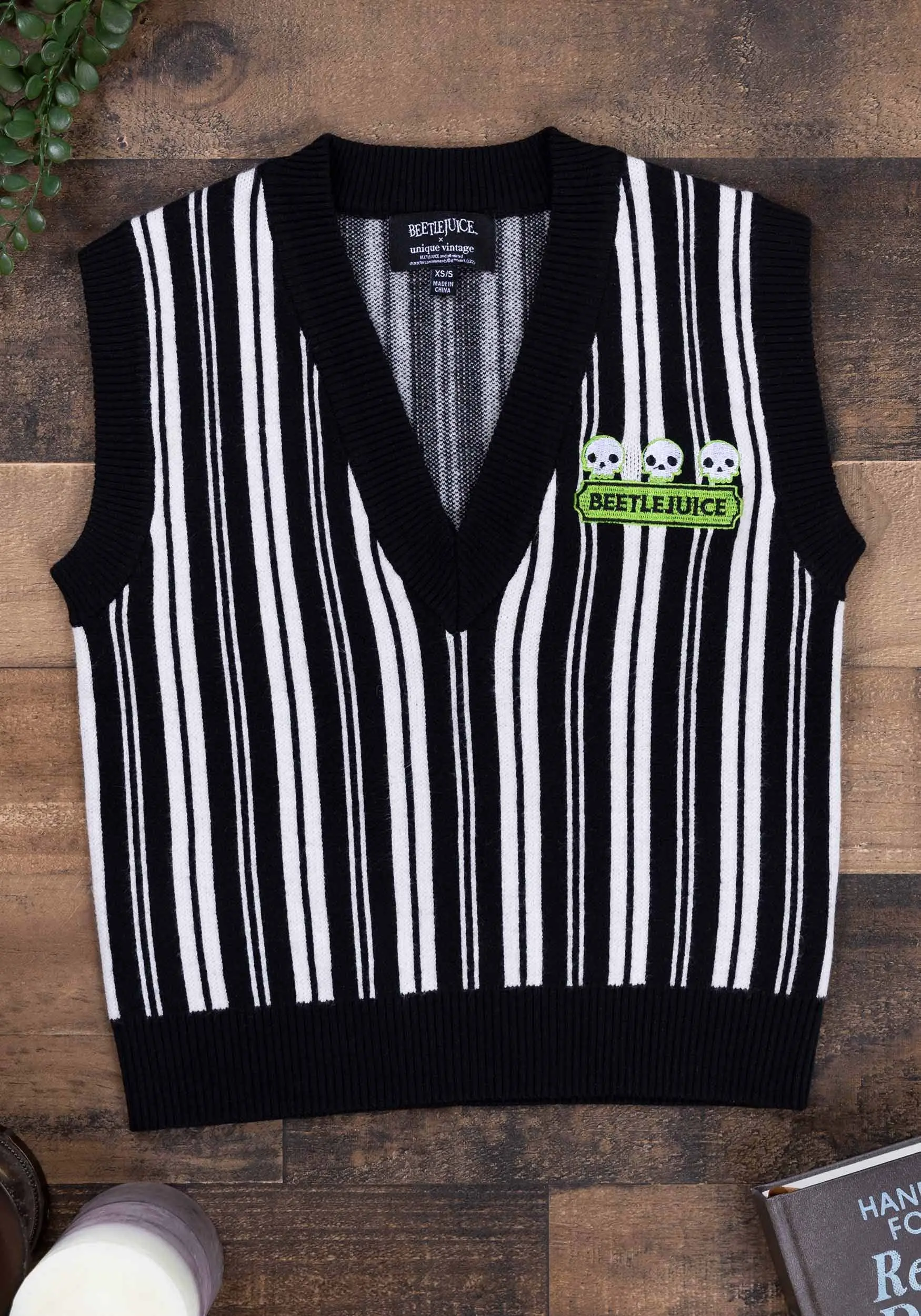 Women's Beetlejuice X Unique Vintage Cropped Sweater Vest 1 Women's Beetlejuice X Unique Vintage Cropped Sweater Vest