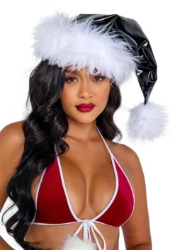 Roma Black Faux Patent Santa Hat With White Faux Fur Trim
