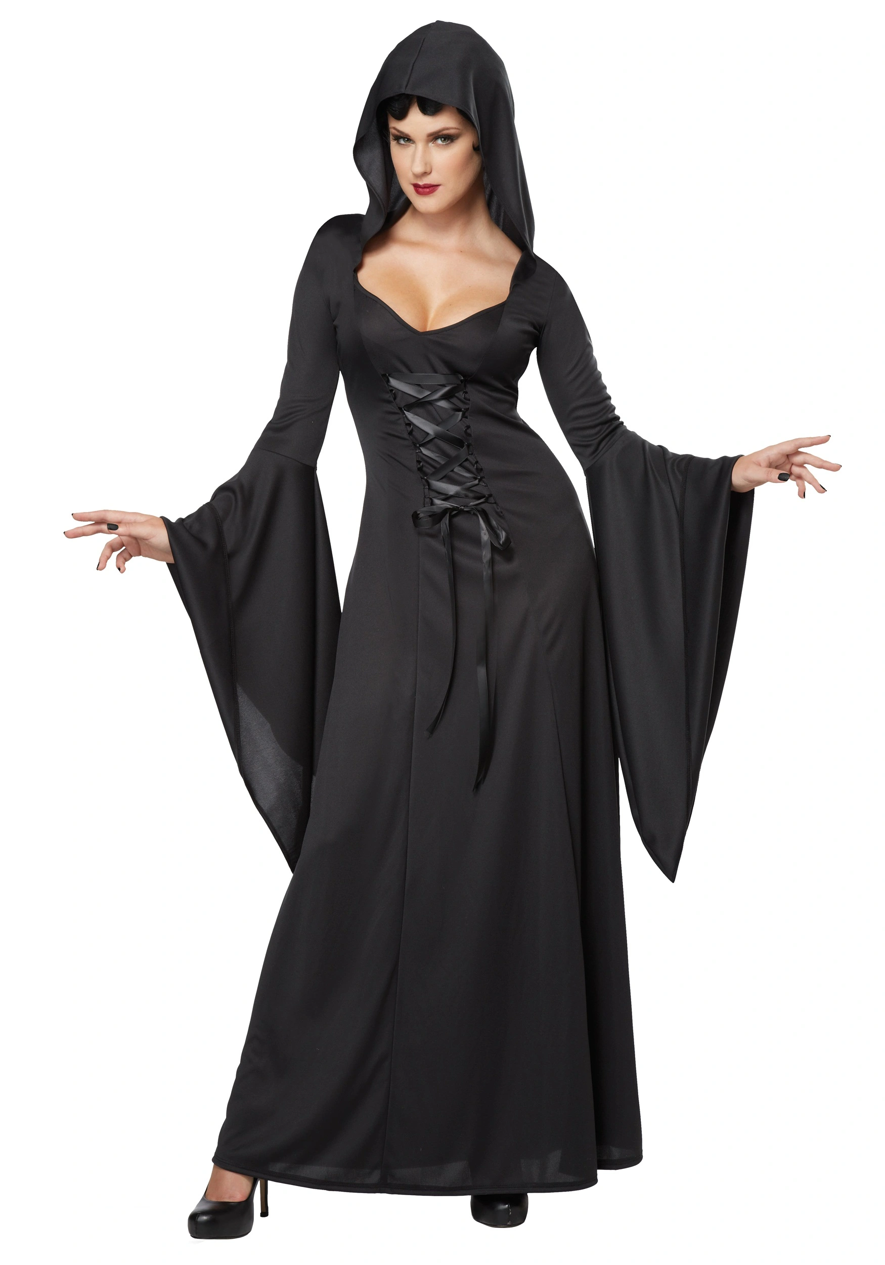 Women's Hooded Black Lace Up Robe Costume 1 Women's Hooded Black Lace Up Robe Costume