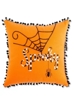 12 Inch Orange Halloween Pillow With Black And White Embroidery