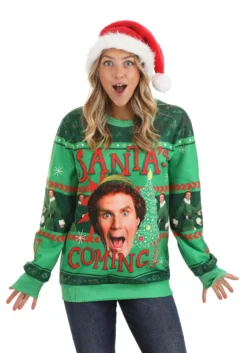 Santa's Coming Elf Adult Ugly Christmas Sweatshirt 15 Santa's Coming Elf Adult Ugly Christmas Sweatshirt -Fun Costumes Shop santas coming elf ugly christmas sweatshirt alt 7