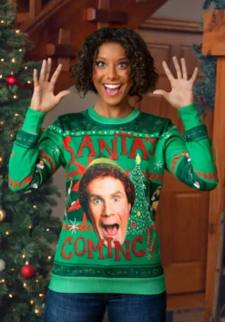 Santa's Coming Elf Adult Ugly Christmas Sweatshirt 13 Santa's Coming Elf Adult Ugly Christmas Sweatshirt -Fun Costumes Shop santas coming elf ugly christmas sweatshirt alt 9