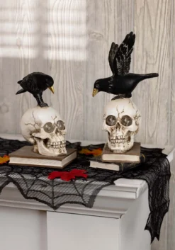 Set Of 2 Resin LED Skull On Books With Crow Halloween Figurines